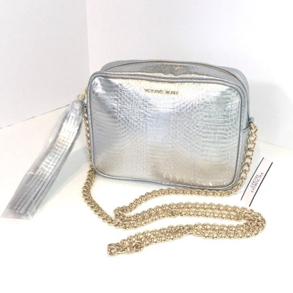 SOLD Victoria’s Secret leather silver crossbody bag with silver leather tassel